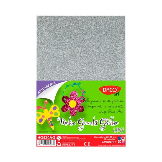 Hartie gumata autoadeziva glitter 10 coli Argintiu DACO