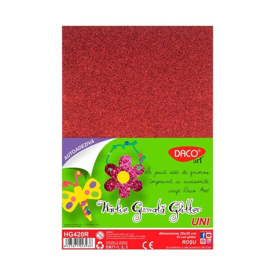 Hartie gumata autoadeziva glitter 10 coli Rosu DACO