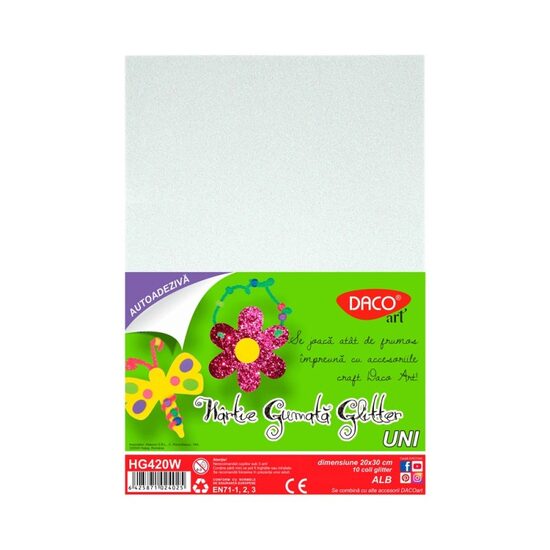 Hartie gumata autoadeziva glitter 10 coli Alb DACO