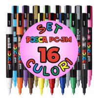 Marker UNI Posca PC-3M, varf rotund, 0.9-1.3mm, set 16 culori