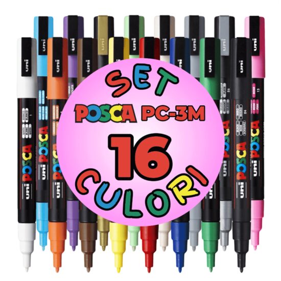 Marker UNI Posca PC-3M, varf rotund, 0.9-1.3mm, set 16 culori
