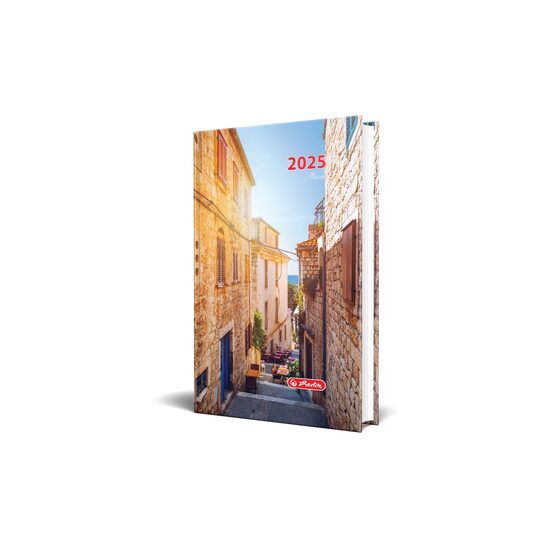 Agenda datata A5, Motive, 352 pagini, coperta buretata, motiv Mediteran Village 2025