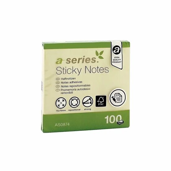 Notite adezive A-Series, 75x75mm, 100 file, galben