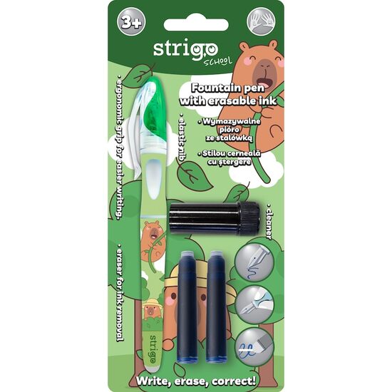 Stilou Strigo cerneala cu stergere + 2 rezerve + sipozitiv curatare, in blister, Capybara verde (SSC509)