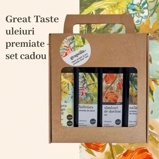 Pachet de uleiuri GREAT TASTE - uleiuri presate la rece, in sticle de 250 ml (ulei de semin?e de dovleac prajite, amestec de uleiuri in stil oriental, mix de uleiuri pentru salate, ulei de floarea-soarelui BIO)